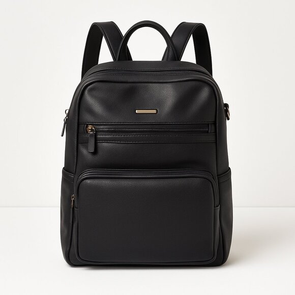 Sleek Black Faux Leather Backpack with Multiple Pockets – Everyday Travel Bag - Picture 1 of 6